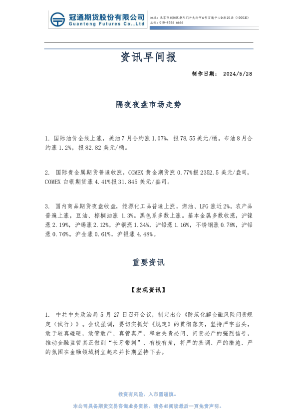 冠通期货资讯早间报