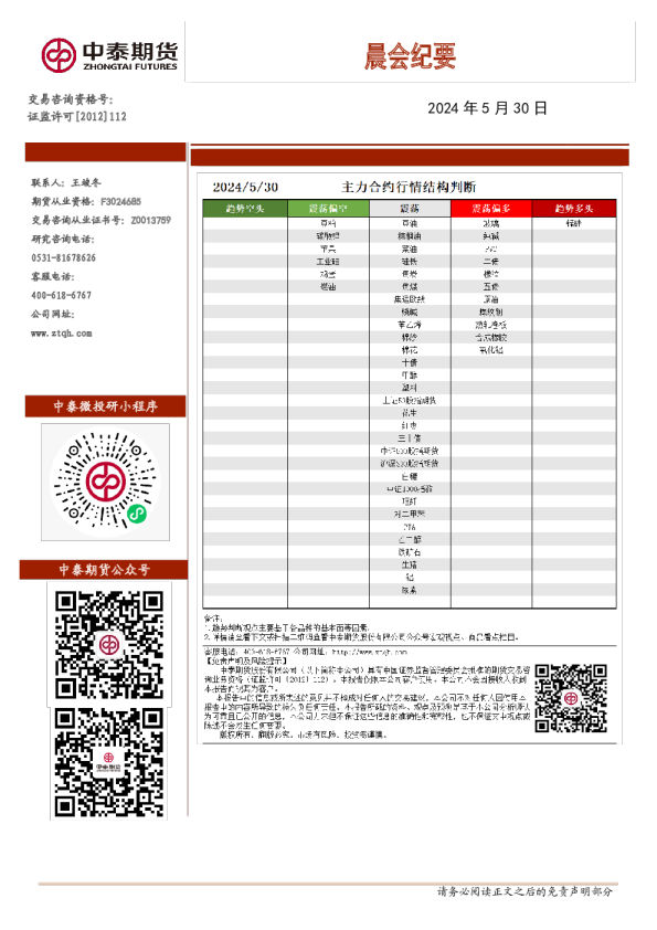 中泰期货晨会纪要