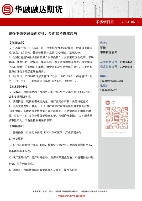 不锈钢日报：镍强不锈钢弱局面持续，盘面保持震荡趋势