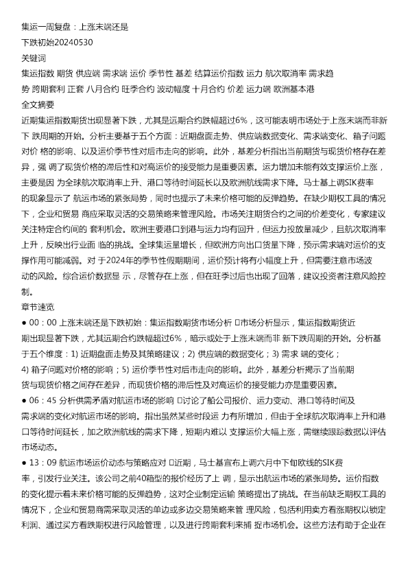 集运一周复盘上涨末端还是下跌初始20240530