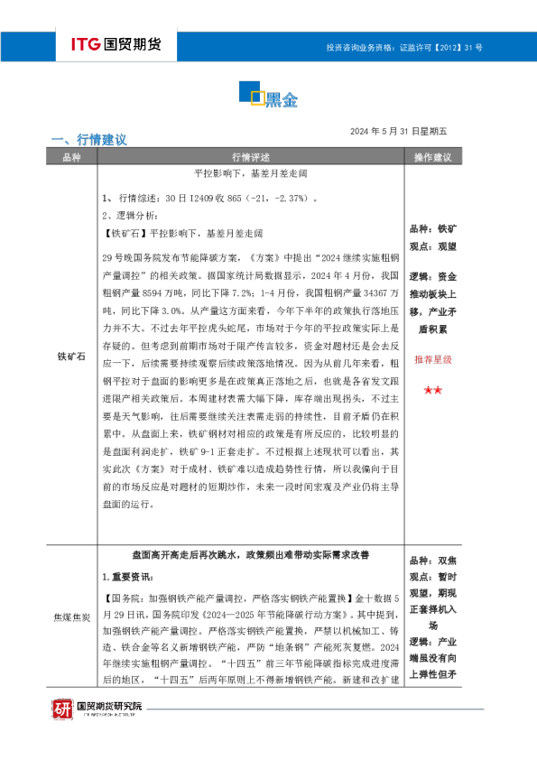 国贸期货黑金投研日报