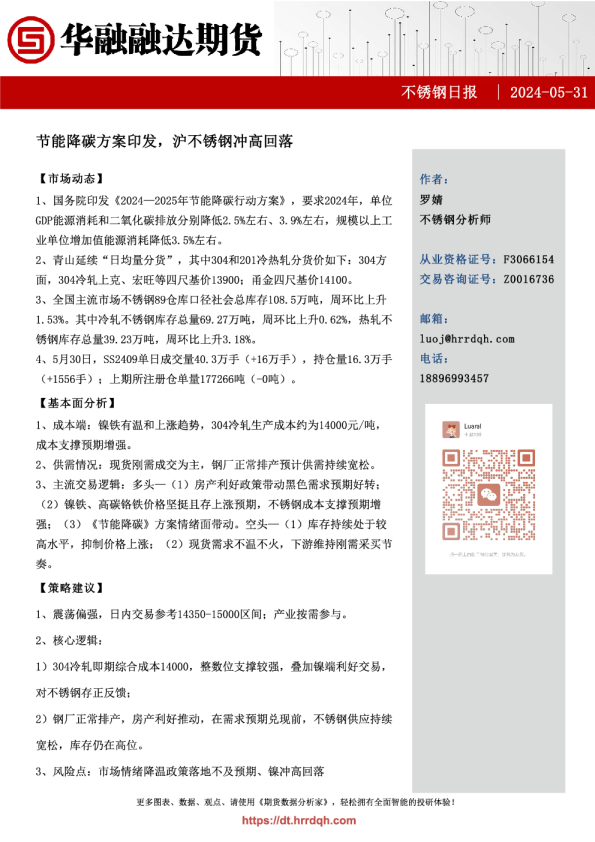 不锈钢日报：节能降碳方案印发，沪不锈钢冲高回落