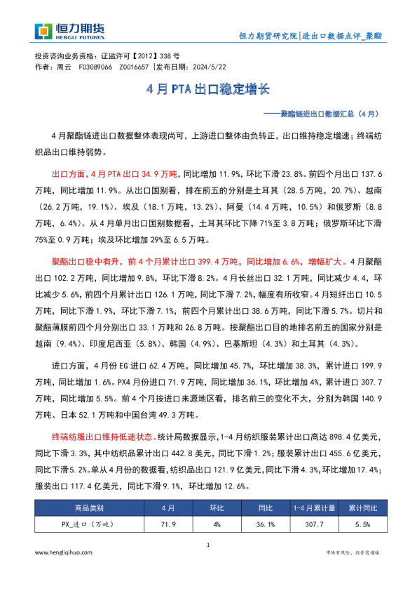 聚酯链进出口数据汇总（4月）：4月PTA出口稳定增长
