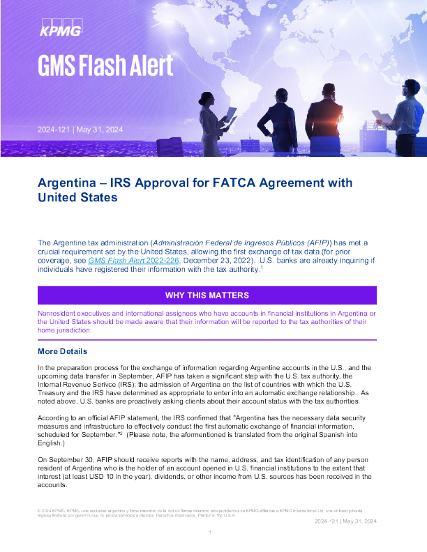 阿根廷 - 美国国税局批准与美国签订 FATCA 协议