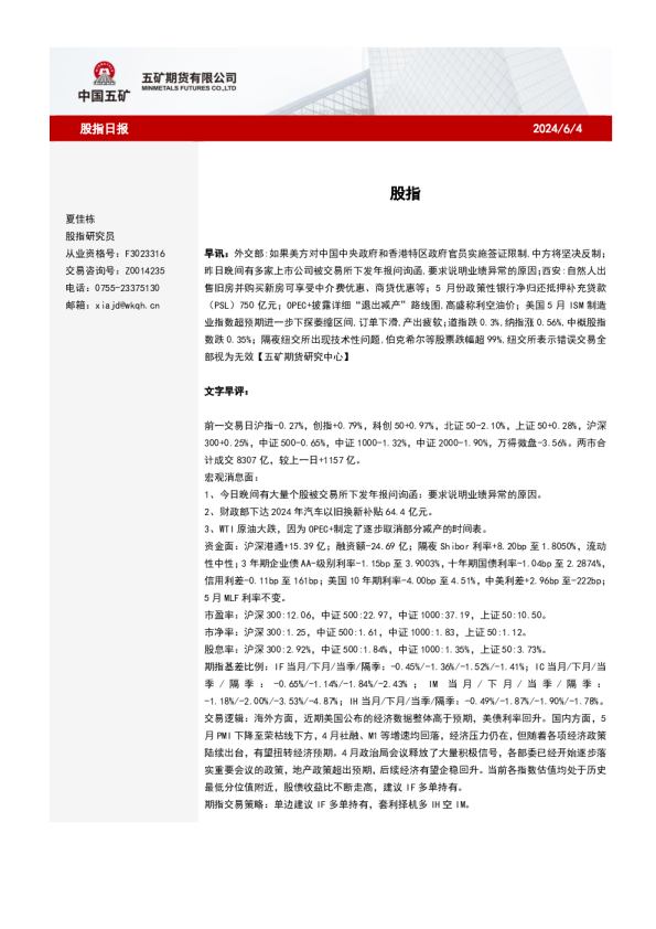 五矿期货股指日报