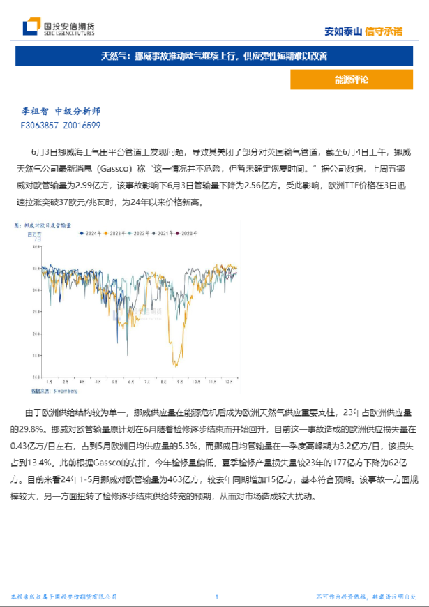 天然气：挪威事故推动欧气继续上行，供应弹性短期难以改善