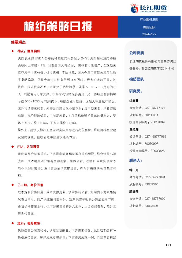 长江期货棉纺策略日报