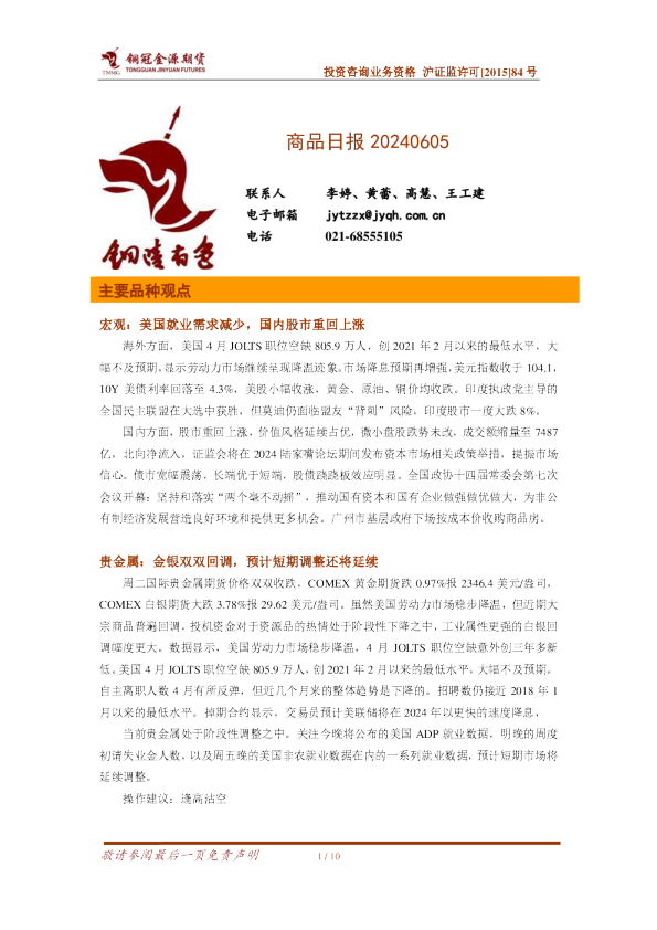 铜冠金源期货：商品日报20240605