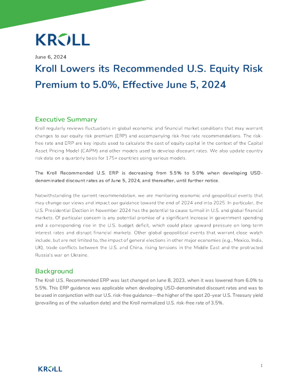 Kroll 将其推荐的美国股票风险溢价降至 5.0% ， 自2024年6月5日起生效