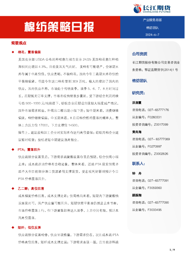 长江期货棉纺策略日报