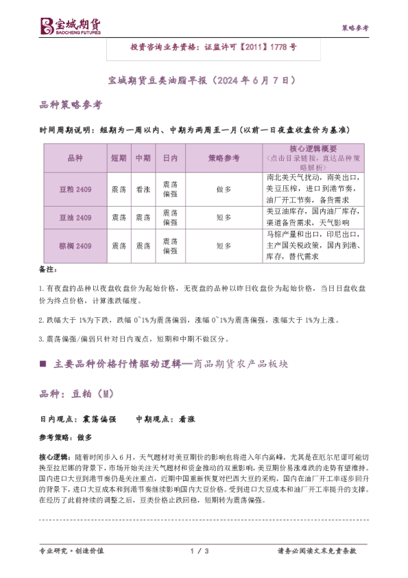 宝城期货豆类油脂早报