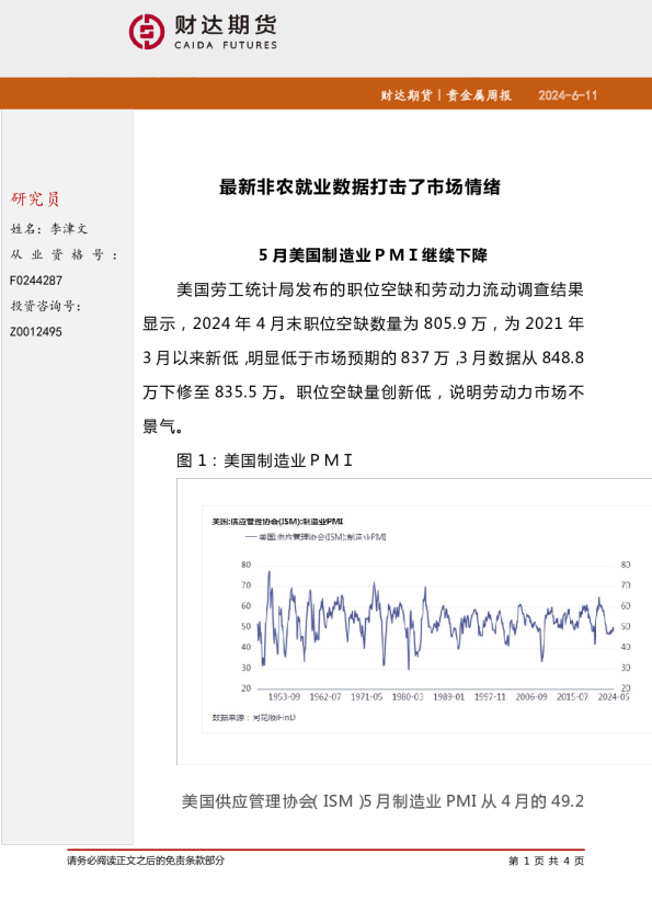贵金属周报：最新非农就业数据打击了市场情绪