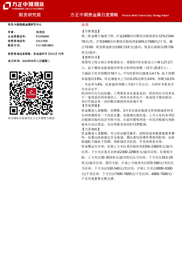 方正中期贵金属日度策略