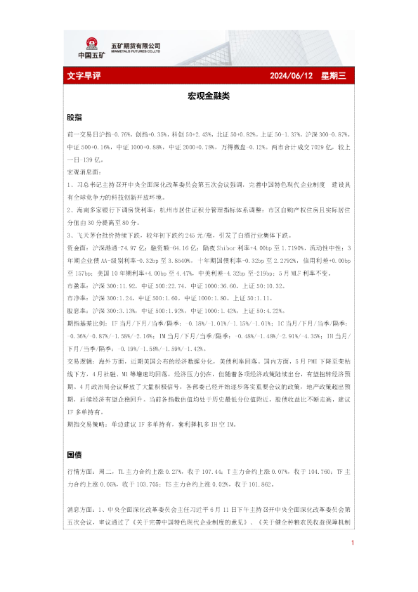 五矿期货文字早评