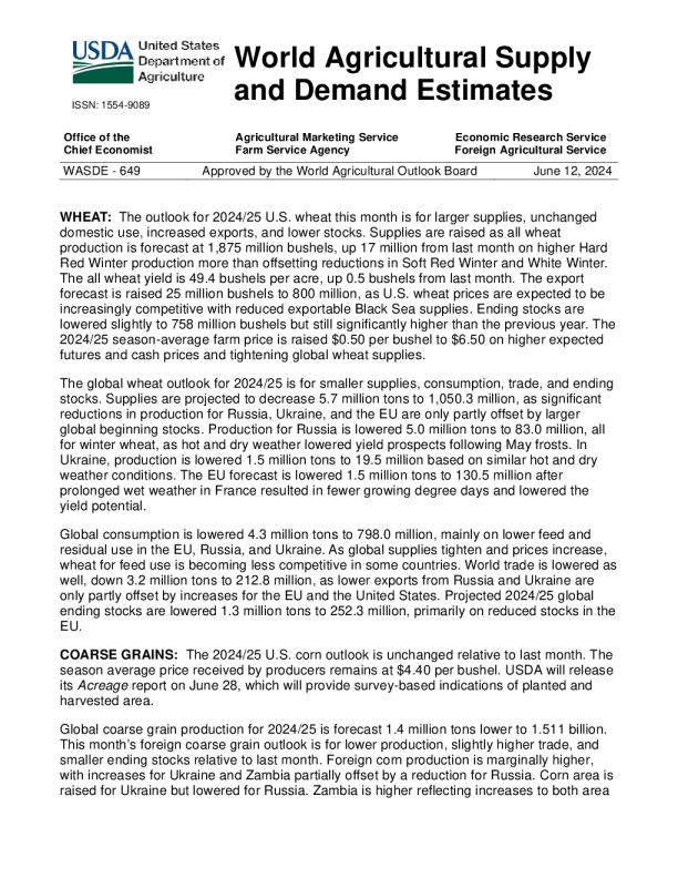 美国农业部世界农业供需估计 2024.06. 12