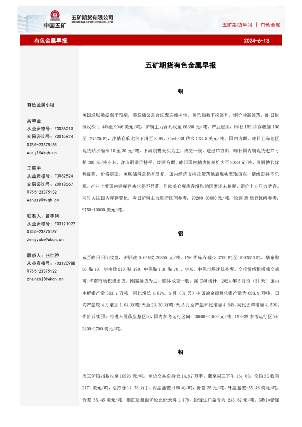 五矿期货早报有色金属