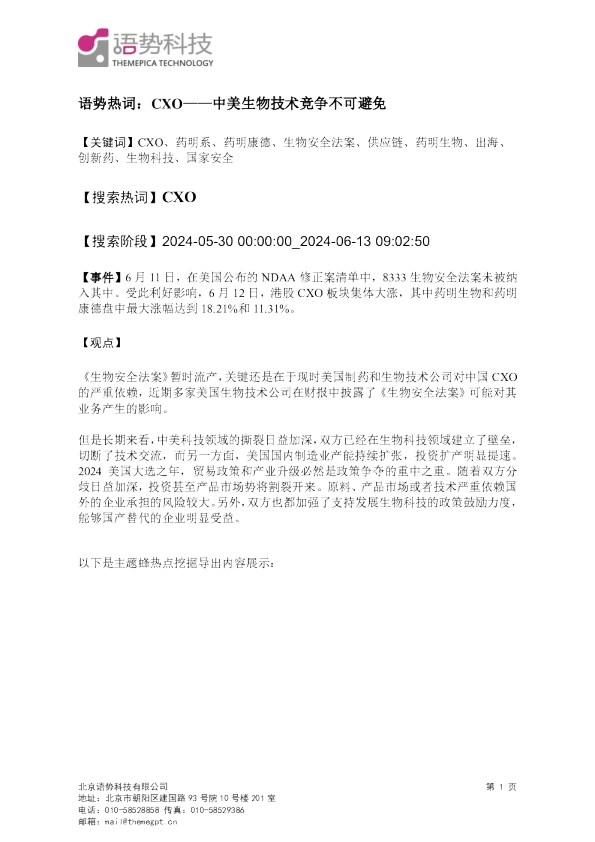 语势热词：CXO：中美生物技术竞争不可避免