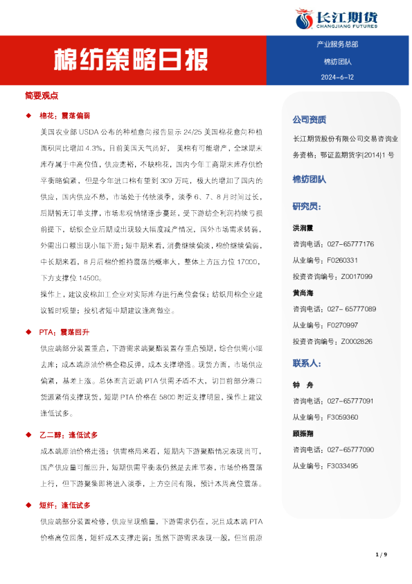 长江期货棉纺策略日报