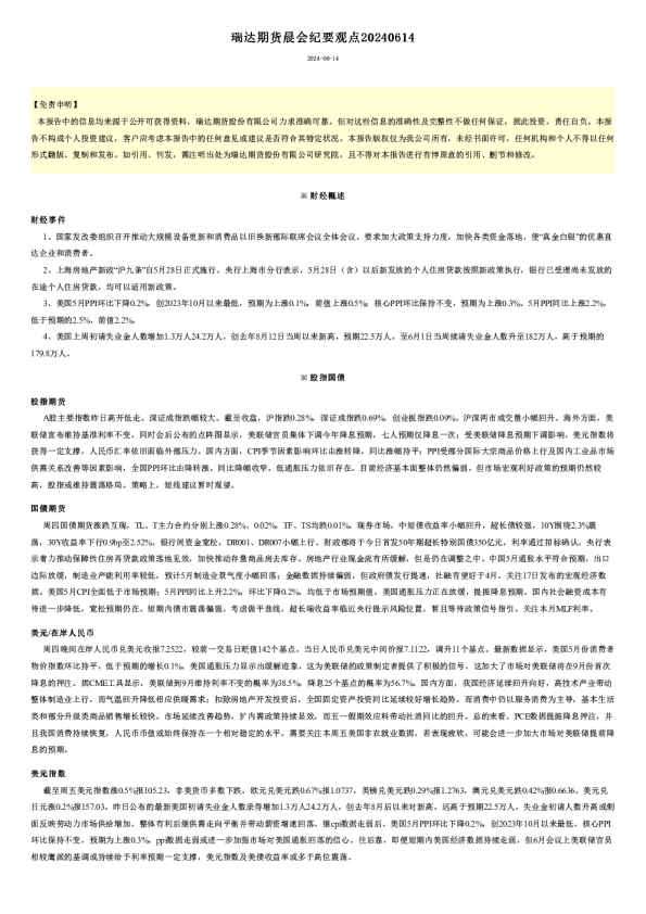 瑞达期货晨会纪要观点20240614