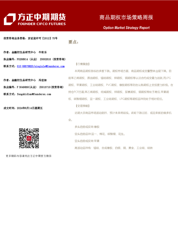 商品期权市场策略周报