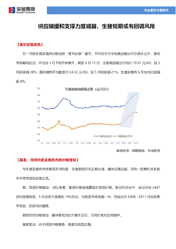 供应端缓和支撑力度减弱，生猪短期或有回调风险