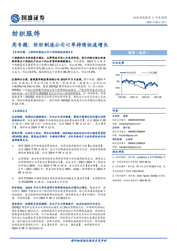 周专题：纺织制造公司订单持续快速增长