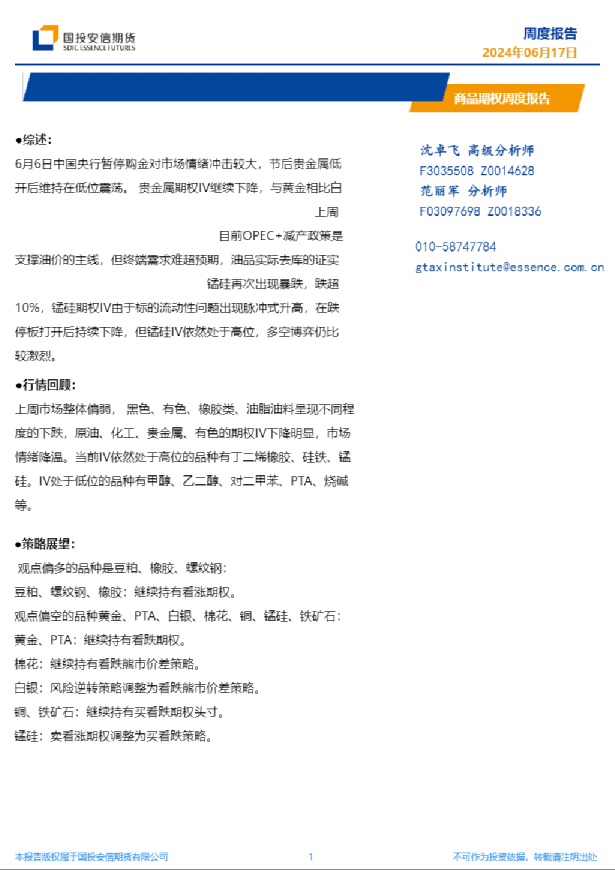 商品期权周度报告