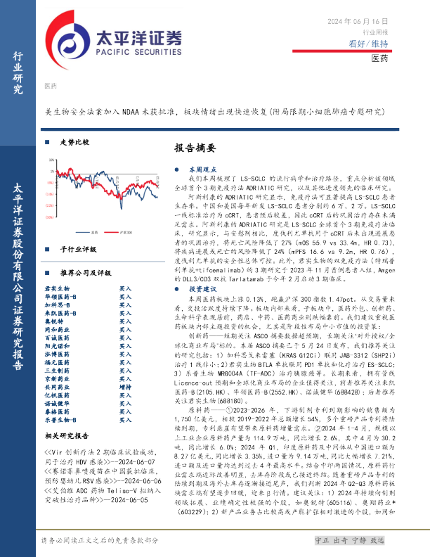 美生物安全法案加入NDAA未获批准，板块情绪出现快速恢复（附局限期小细胞肺癌专题研究）