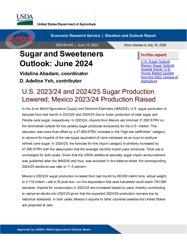 USDA 糖和甜味剂展望 2024.06. 18