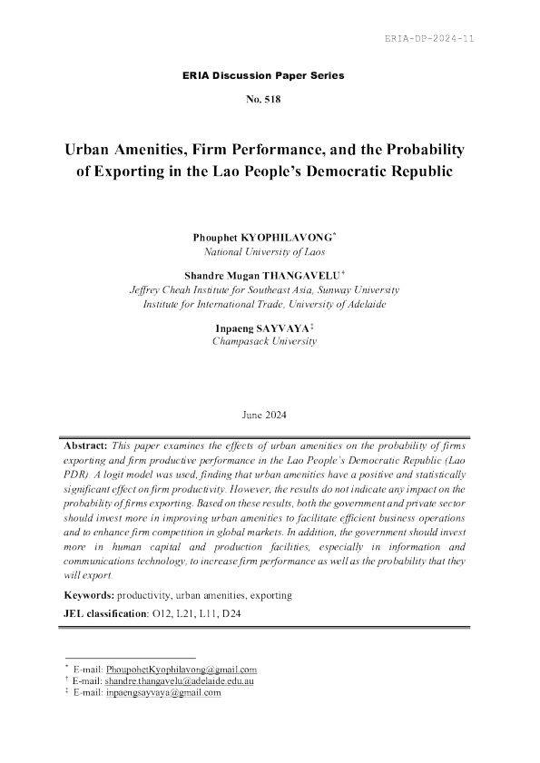 城市设施 ， 公司绩效和在老挝人民民主共和国出口的可能性