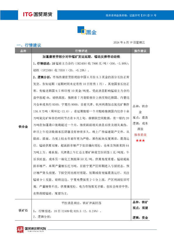 国贸期货黑金投研日报