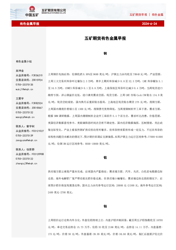 五矿期货早报有色金属