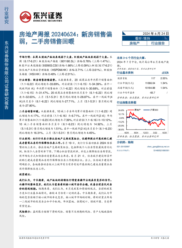 房地产周报20240624：新房销售偏弱，二手房销售回暖