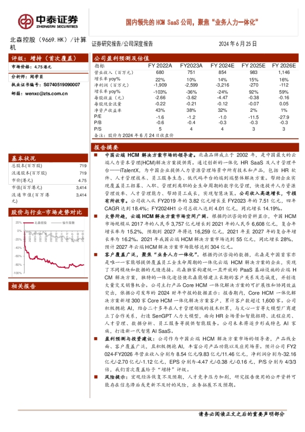国内领先的HCMSaaS公司，聚焦“业务人力一体化”
