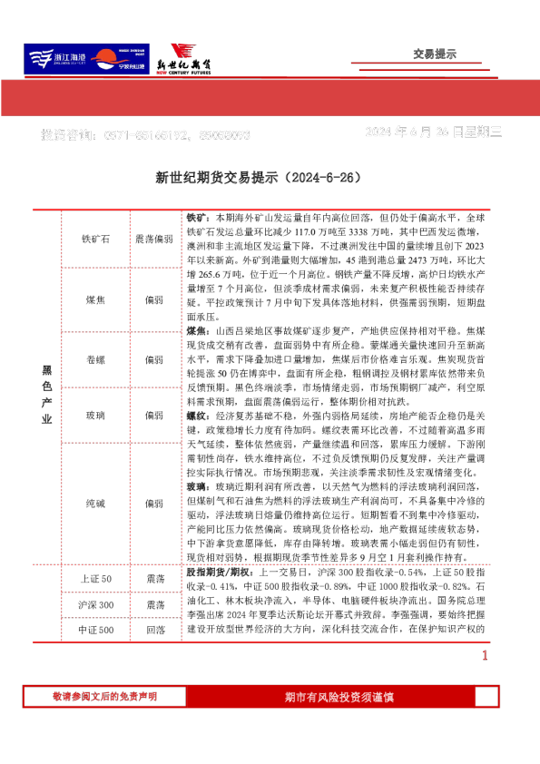新世纪期货交易提示（2024-6-26）