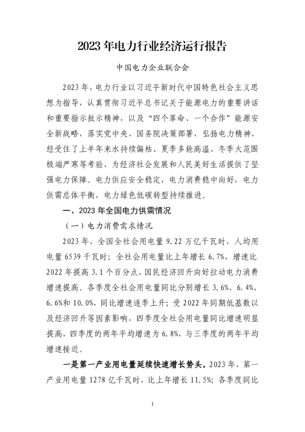 2023年电力行业经济运行报告