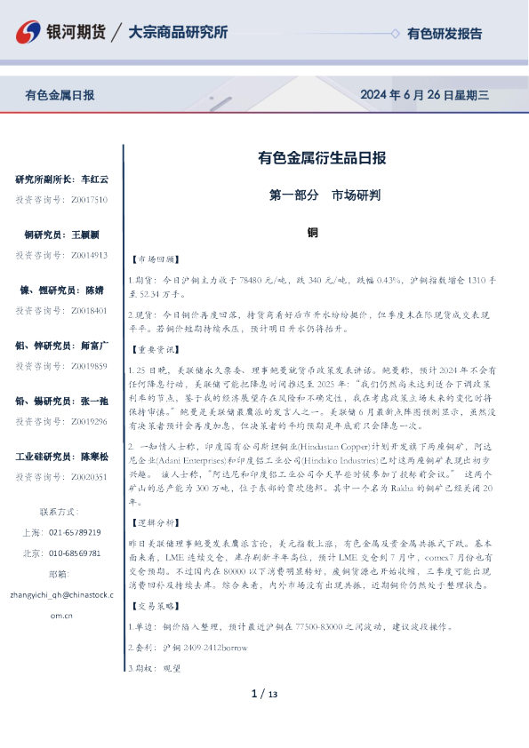 有色金属衍生品日报