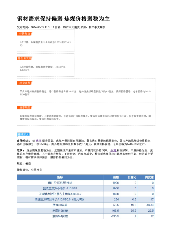 钢材需求保持偏弱 焦煤价格弱稳为主