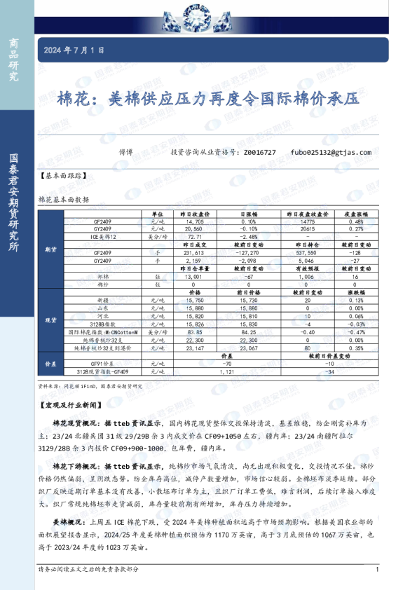 棉花：美棉供应压力再度令国际棉价承压