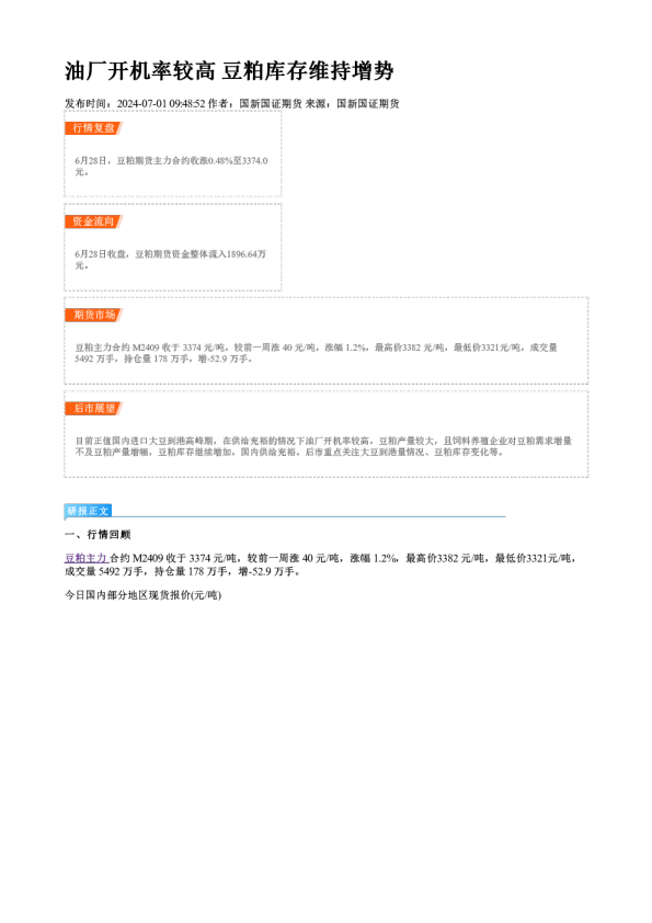 油厂开机率较高 豆粕库存维持增势