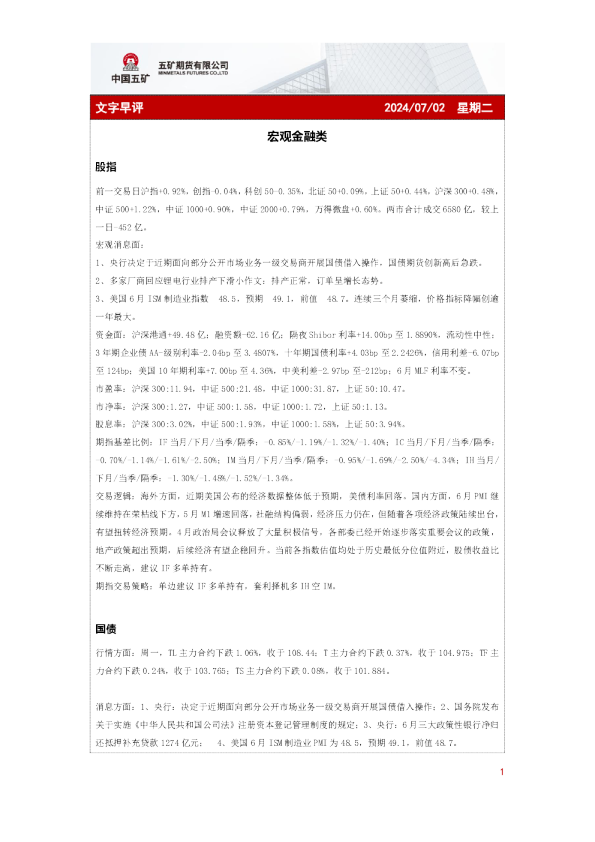 五矿期货文字早评