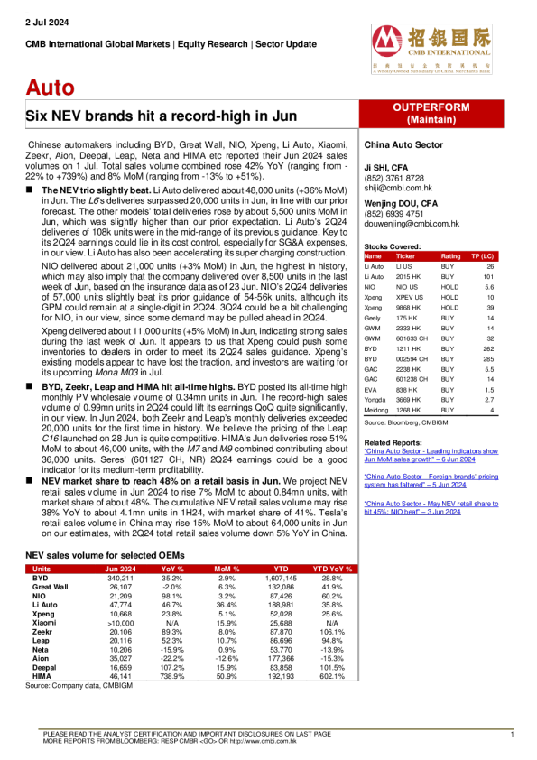 汽车 ： 6 月六个新能源汽车品牌创下历史新高