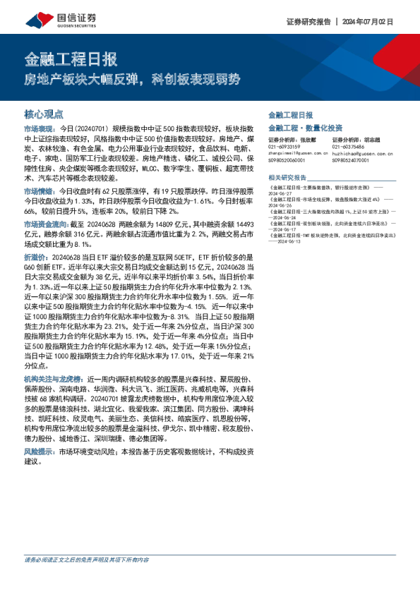 金融工程日报:房地产板块大幅反弹,科创板表现弱势