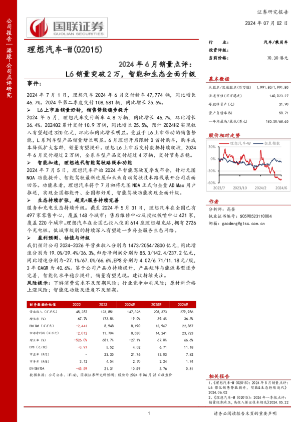 2024年6月销量点评:L6销量突破2万,智能和生态全面升级