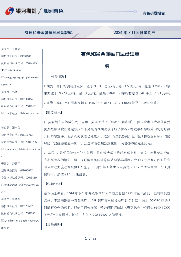 有色和贵金属每日早盘观察