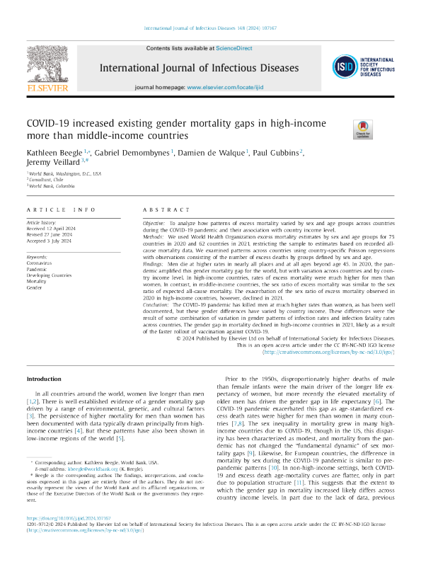 新冠肺炎增加了高收入国家和中等收入国家现有的性别死亡率差距-2024