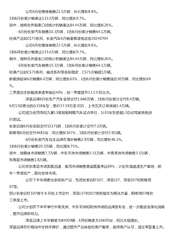 长安汽车6月销量解读电话会20240704