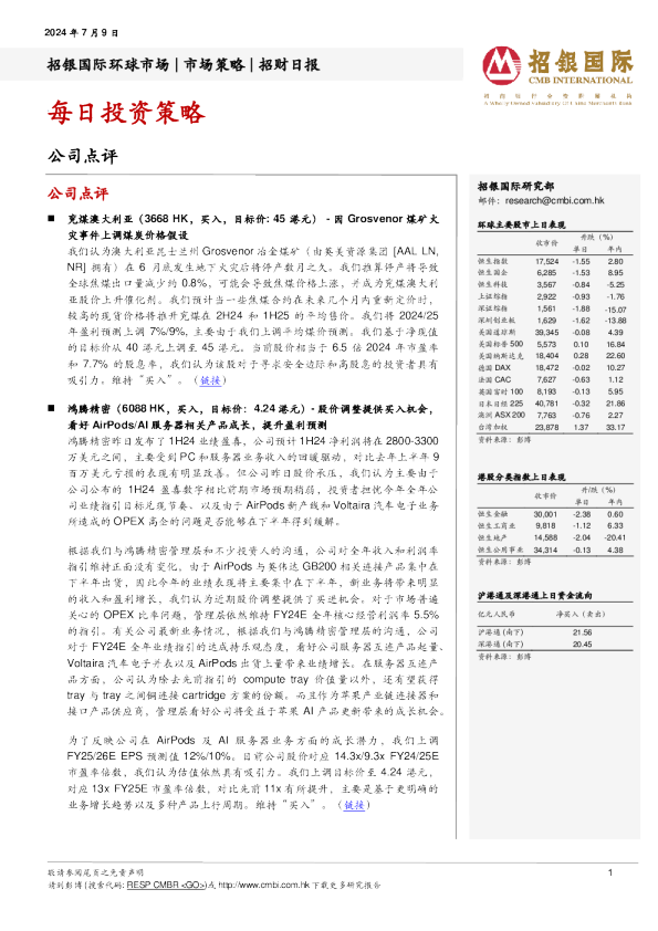 招银国际每日投资策略