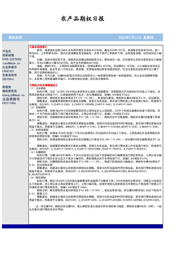 农产品期权日报