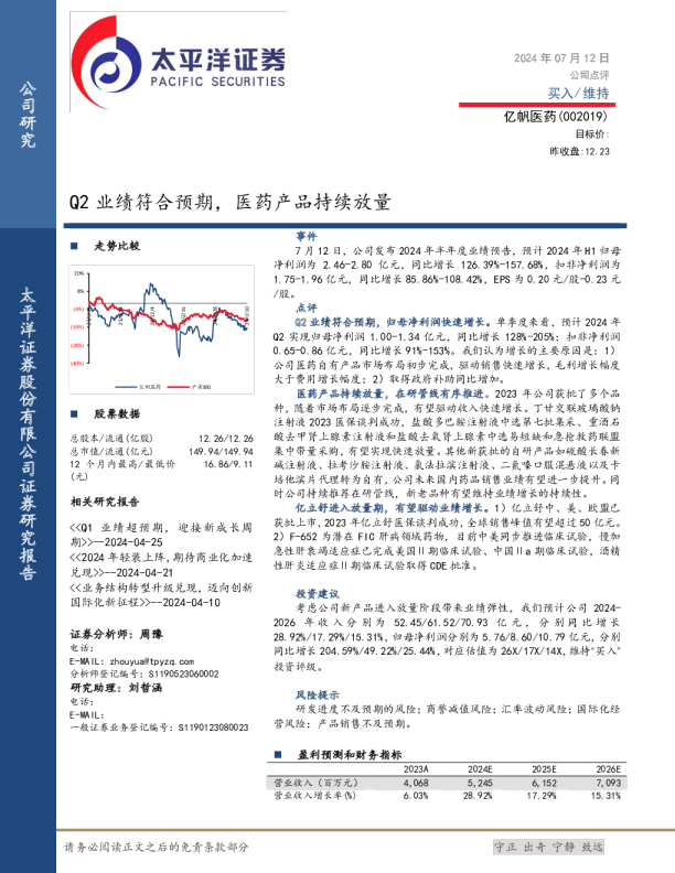 Q2业绩符合预期，医药产品持续放量